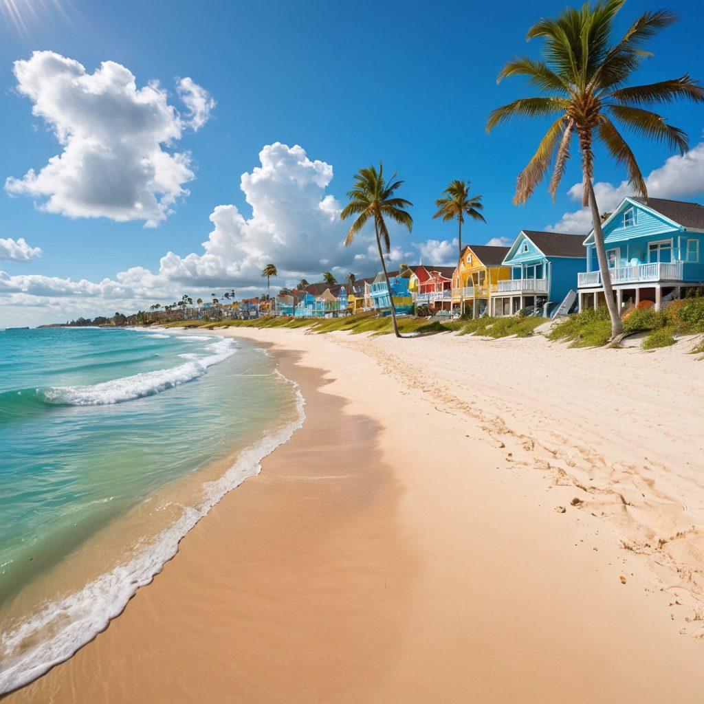 A sunny coastal scene featuring a serene sandy beach with gentle waves lapping at the shore, vibrant beach umbrellas, and people leisurely sunbathing and playing beach volleyball. In the background, picturesque palm trees sway in the breeze, while colorful beach houses dot the landscape. The sky is a bright blue with fluffy white clouds, creating an inviting, joyful atmosphere. super-realistic. vibrant colors. 3D.