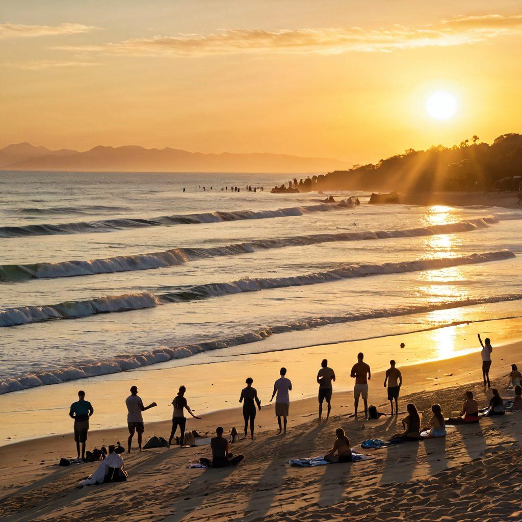 A serene beachfront scene showcasing diverse groups of people joyfully engaged in community activities, like beach volleyball, group yoga, and family picnics, with rolling waves in the background. The sun sets on the horizon, casting a warm golden hue over the sand and water, highlighting the sense of connection and happiness. Include vibrant beach umbrellas and surfboards to symbolize the coastal lifestyle. super-realistic. vibrant colors. warm tones.