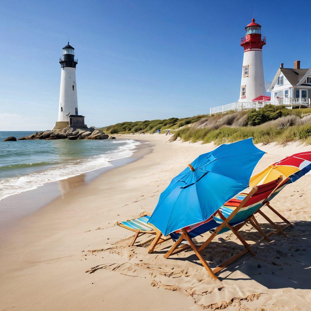 A serene coastal scene showcasing a sunny beach with gentle waves lapping at the shore. A colorful beach umbrella and a couple of beach chairs are set up on the sand, with children playing joyfully nearby. In the background, a picturesque lighthouse stands tall against a clear blue sky, while seagulls soar above. This idyllic setting captures the essence of tranquility and cheerfulness of coastal living in the USA. super-realistic. vibrant colors. white background.